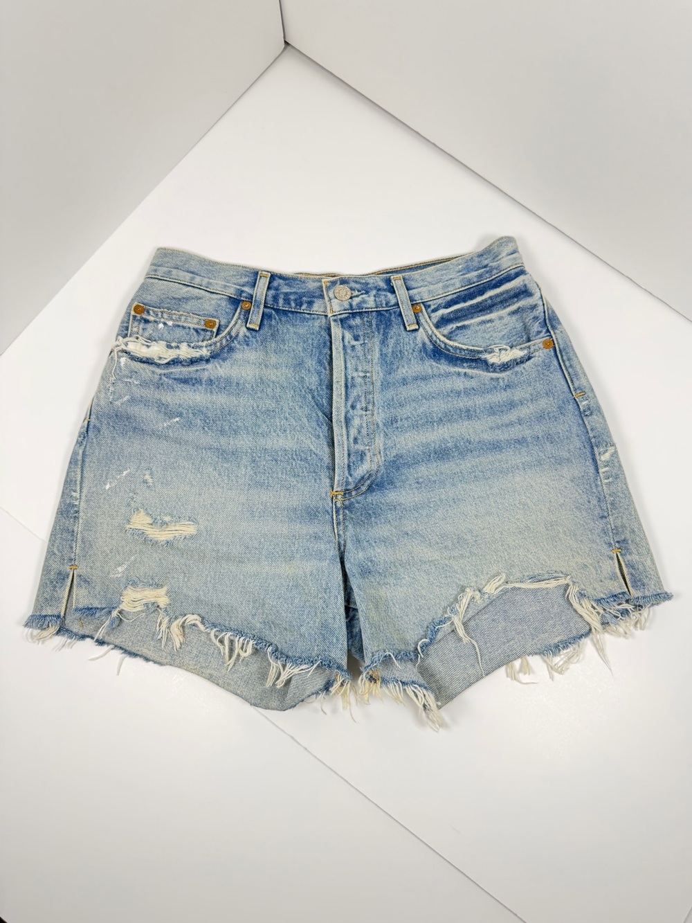 Agolde Light Blue Distressed High-Rise Denim Shorts